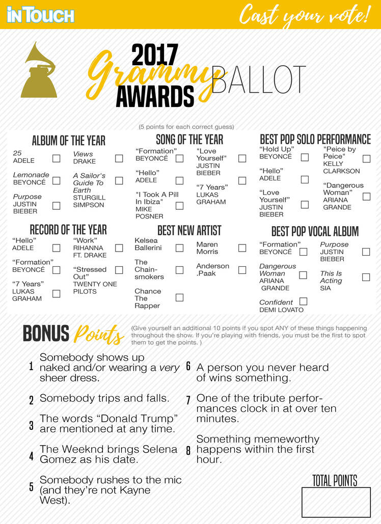 Grammys 2017 Printable Ballots Vote Now