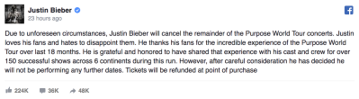 justin bieber cancels tour