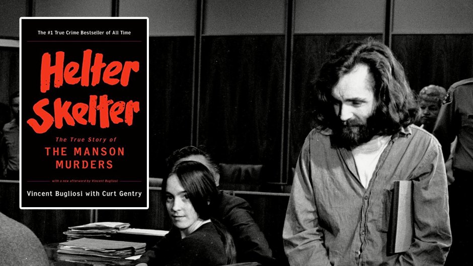 Helter Skelter Cover over Photo of Charles Manson in Court