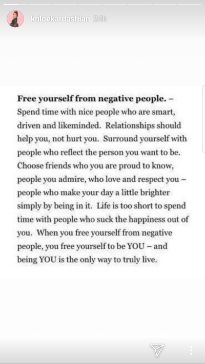 Khloé Kardashian Instagram Story About Negative People