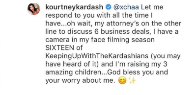 kourtney kardashian claps back on instagram at fan who say she doesn't work