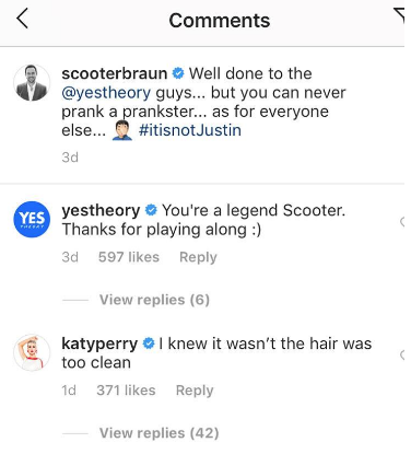 Katy commenting on an Instagram post