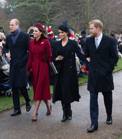Kate Middleton in red, Meghan Markle, Prince Harry and Prince William all walking together
