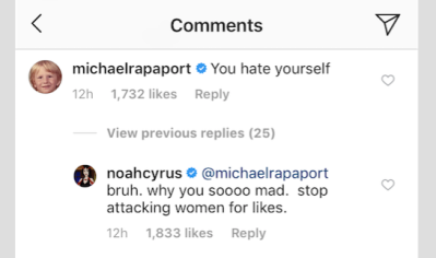 Noah Cyrus on Kim Kardashian's Instagram comments