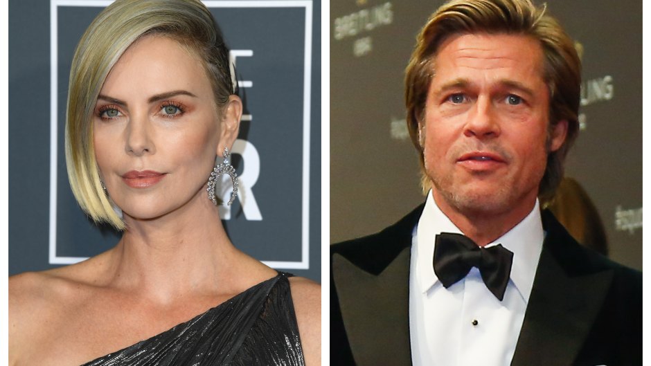 A split image of Charlize Theron and Brad Pitt