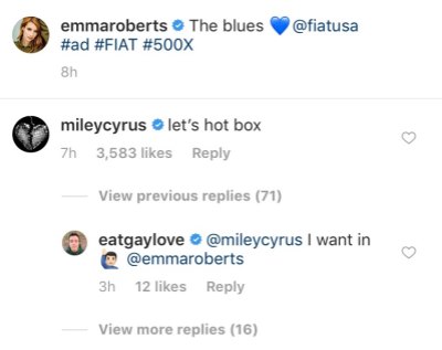 Miley Cyrus commenting on Emma Roberts' page