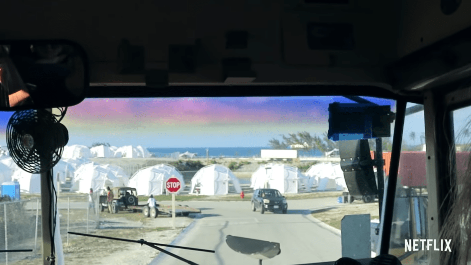 View of Disaster Relief Tents At Fyre Festival Through School Bus Window