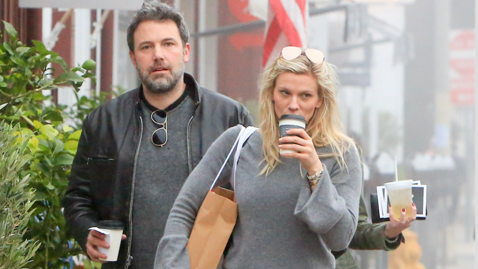 Ben Affleck and Lindsay Shookus walking and drinking coffee