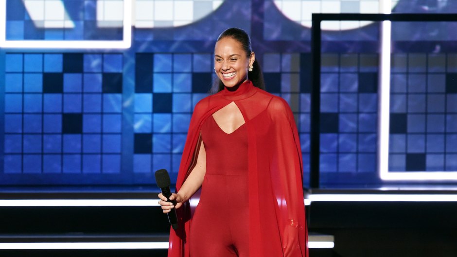 Alicia Keys wearing a red dress at the Grammys