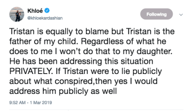 Khloe Kardashian tweet about tristan thompson