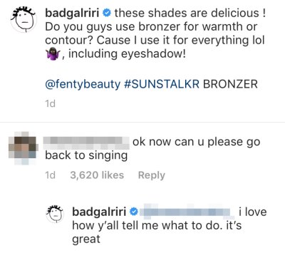 Rihanna Fires Back After Troll Tells Her to Go Back to Singing