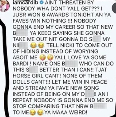Cardi B Denies Roasting Nicki Minaj After Photoshopped Instagram Caption Surfaces Instagram comment