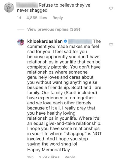 Khloe Kardashian Reponds to Fan on Instagram About Scott Disick