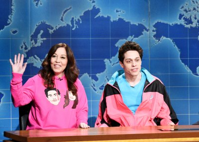 Pete Davidson Wearing a Blue and Pink Jacket with His Mom on SNL