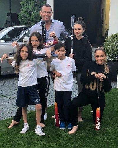 Alex Rodriguez And His Two Daughters and Jennifer Lopez And Her Twins Pose With Baseball Bats