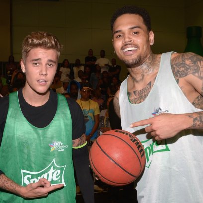 Justin Bieber Wearing a Green Jersey with Chris Brown and a Basketball