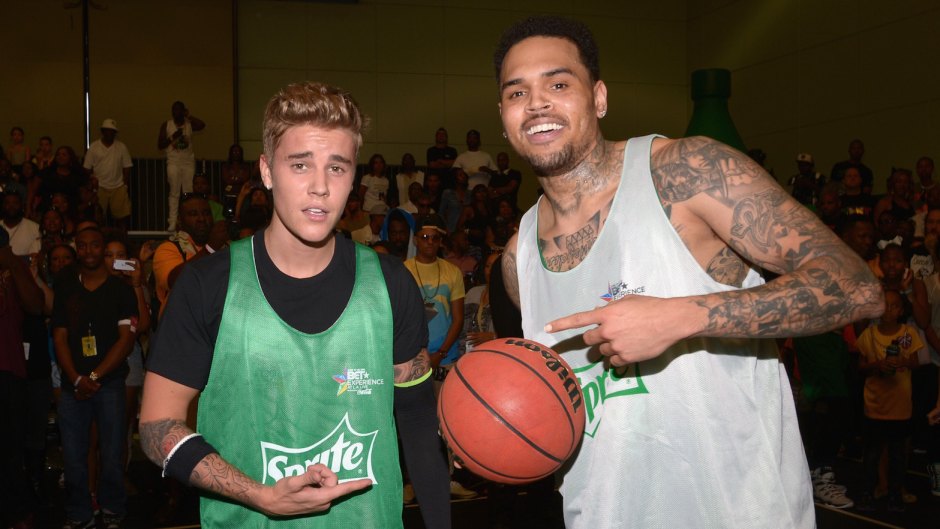 Justin Bieber Wearing a Green Jersey with Chris Brown and a Basketball