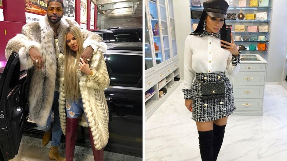 Side-by-Side Photos of Tristan Thompson and Khloe Kardashian in Fur Coats with Jordan Craig Taking Mirror Selfie in Closet