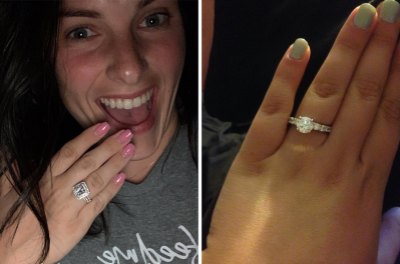 On the Left: Lauren Comeau Poses With Her Hand Wearing Her Engagement Ring Over Her Mouth; On the Right: Kailyn Lowry Posts Photo Of Her Hand Wearing Engagement Ring