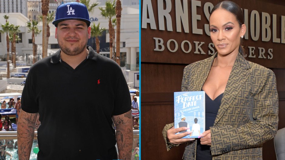 Rob Kardashian, left, is wearing a black polo shirt and Evelyn Lozada, left, wears a tan jacket with a black top holding her book: the perfect date.