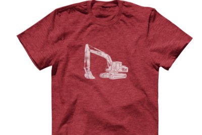 A red t shirt with a crane on it.