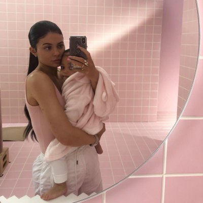 Kylie Jenner and Stormi Webster Mirror Selfie in Pink Bathroom