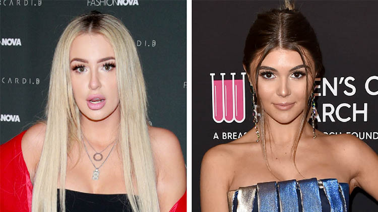 tana mongeau wears black strapless dress with red sweater olivia jade giannulli wears blue and silver strapless dress oliva jade social media hiatus