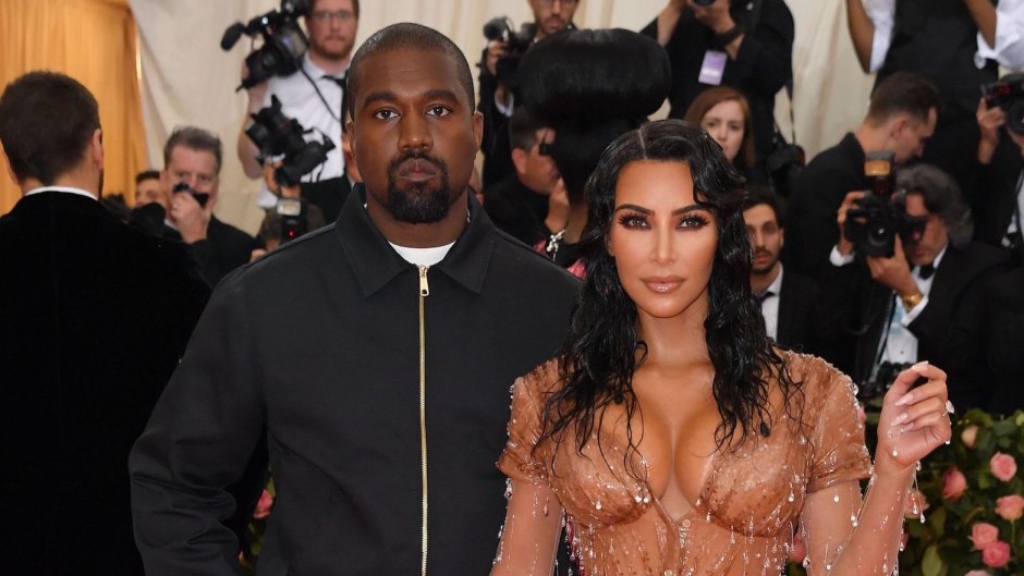 Kim Kardashian Wearing a Beige Dress at the Met Gala With Kanye West in a Hoodie