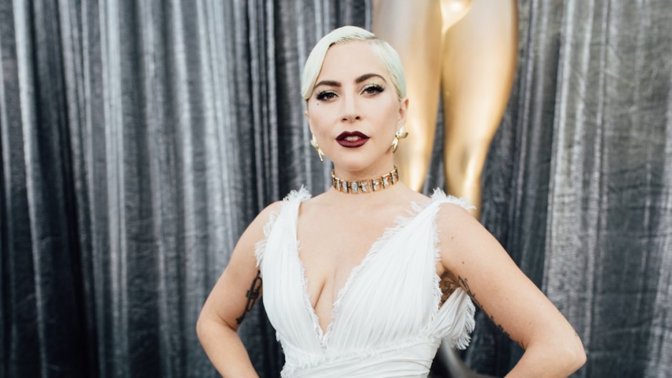 Lady Gaga Wearing White Dress with Dark Lip