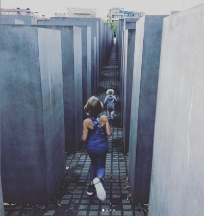 Pink's children running through the Holocaust memorial