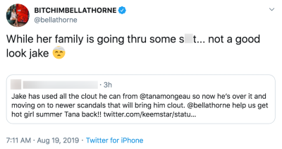 Bella Thorne Slams Jake Paul on Twitter Over Tana Mongeau Family Emergency