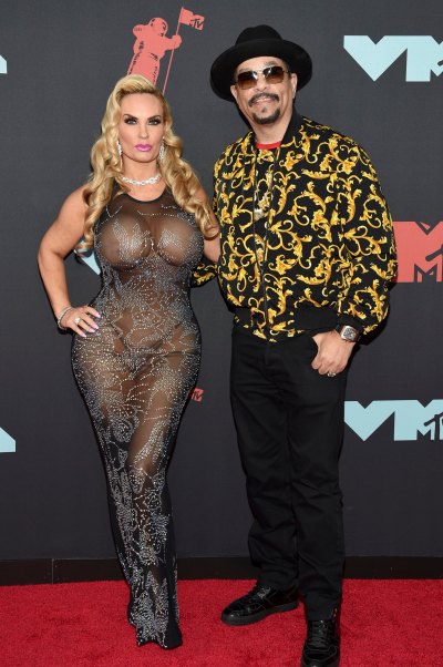 Coco Austin Steps Out in Sexy, Sheer, Studded Dress For 2019 MTV VMAs with Ice-T Wearing Black Pants and Yellow Print Shirt
