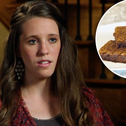 Jill Duggar Looking Concerned With Inset of 3 Brownies on a White Plate on a Kitchen Counter