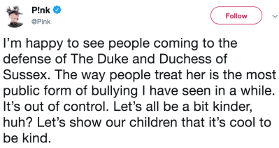 Pink Defends Meghan Markle Public Bullying