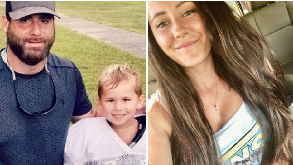 first photo features jenelle evans' husband david eason wears a baseball cap and a navy blue t shirt posing with her son kaiser griffith who is wearing a white netted football jersey, second photo features jenelle evans wewaring a white tank top with a graphic print and her long brunette hair in loose waves former teen mom 2 star jenelle evans gushes over her husband david eason's bond with her son kaiser griffith