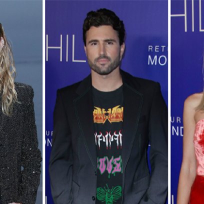 miley cyrus wearing a black blazer with her blonde hair in waves, brody jenner wearing a graphic t-shirt under a black blazer and kaitlynn carter wears her blonde hair in a high pony tail with a red sleeveless dress kaitlynn carter split from brody jenner before her miley cyrus hookup