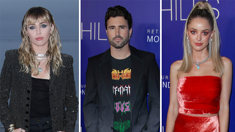 miley cyrus wearing a black blazer with her blonde hair in waves, brody jenner wearing a graphic t-shirt under a black blazer and kaitlynn carter wears her blonde hair in a high pony tail with a red sleeveless dress kaitlynn carter split from brody jenner before her miley cyrus hookup