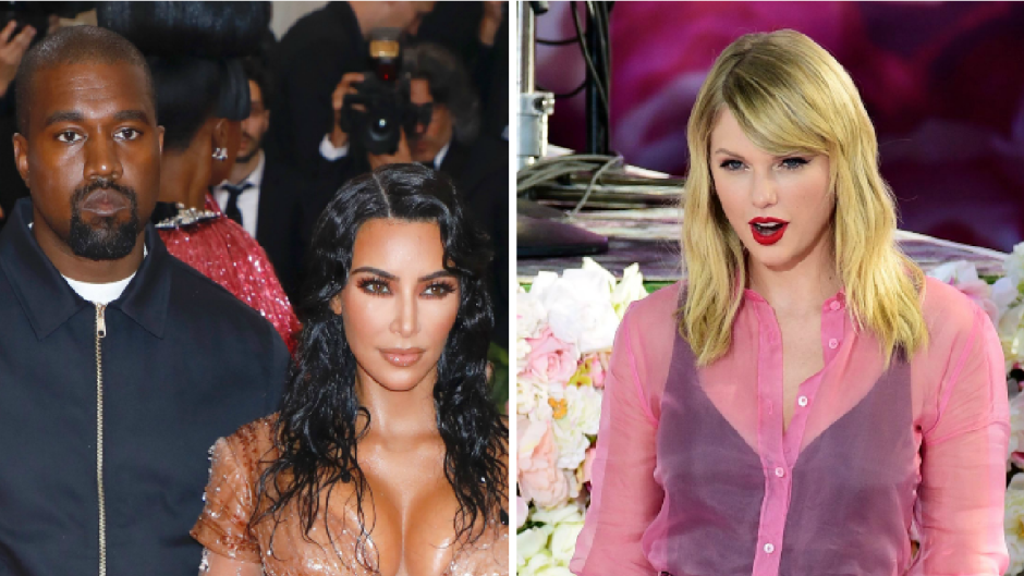 kanye west wears a white t shirt and navy blue jacket kim kardashian wears a nude fitted corset mini dress at the met gala, taylor swift wears a pink top as she stands in front of a floral wall during her good morning america performance kanye west taylor swift 2016 feud