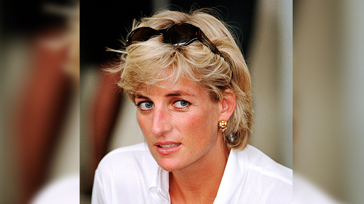 princess diana wears white shirt and sunglasses on top of her head in vintage photo from 1997
