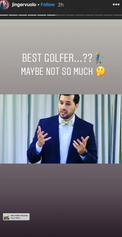 Screenshot from Jinger Duggars Instagram Story In Which She Playfully Jokes about Her Husband With a Photo of Him Speaking on a Gradient Gray Background