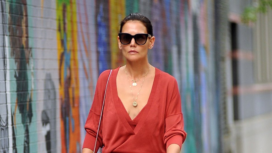 Katie Holmes Wearing a Red Dress While Walking in NYC With Sunglasses On