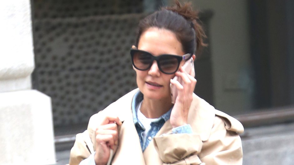 Katie Holmes Wearing a Trench Coat in NYC While on the Phone