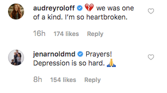 audrey roloff and jen arnold comment on adam busby's post about jarrid wilson's death