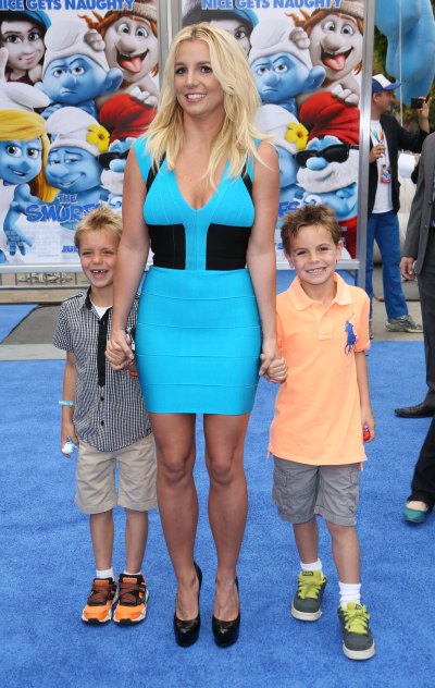britney spears poses with her sons sean and jayden at the 'The Smurfs 2' film premiere, Los Angeles in July 2013