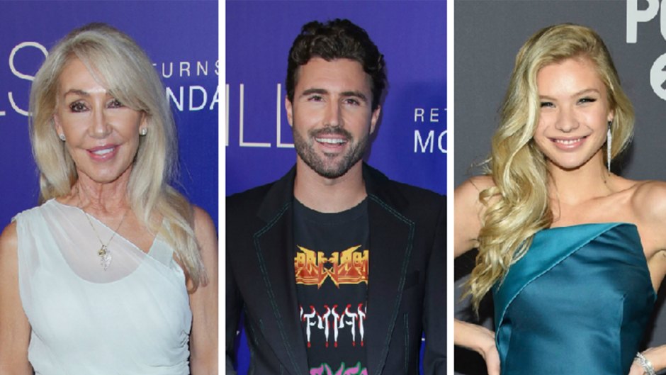 linda thompson wears a white rouched above-the-knee dress, josie canseco wears a teal blue floor length gown, brody jenner wears graphic tee under a blazer with jeans brody jenner's mom linda thompson approves of girlfriend josie canseco