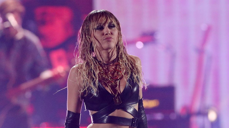 miley cyrus wears black leather halter top with black leather pants as she performs at the 2019 iheartradio music festival after her split from kaitlynn carter