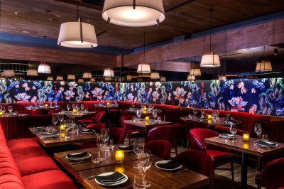 the interior of papi steak features red velvet seats, hardwood table tops and an exotic floral print on the walls