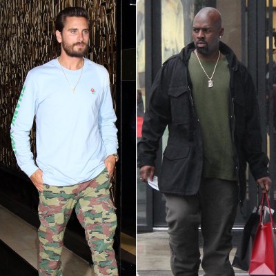 Left, Scott Disick wears a light blue shirt and forest fatigue camouflage pants. Right,Corey Gamble wears a green shirt and black pants.
