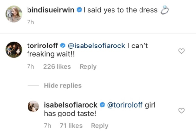 tori roloff and isabel rocks comments on bindi irwin instagram post