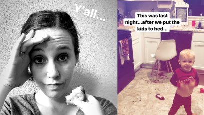 Side-by-side photos of Jill Duggar Looking Exhausted and Son Sam Destroying Her Kitchen
